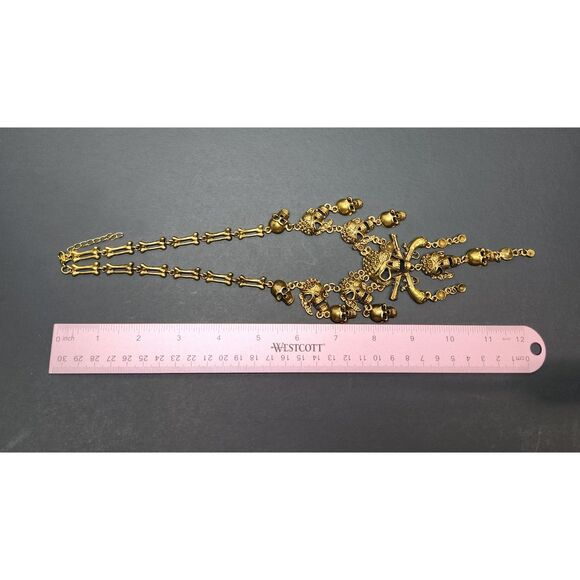 Gold Tone Skull & Crossbones Statement Necklace Gothic Punk Bones Chain Cosplay - Picture 5 of 8